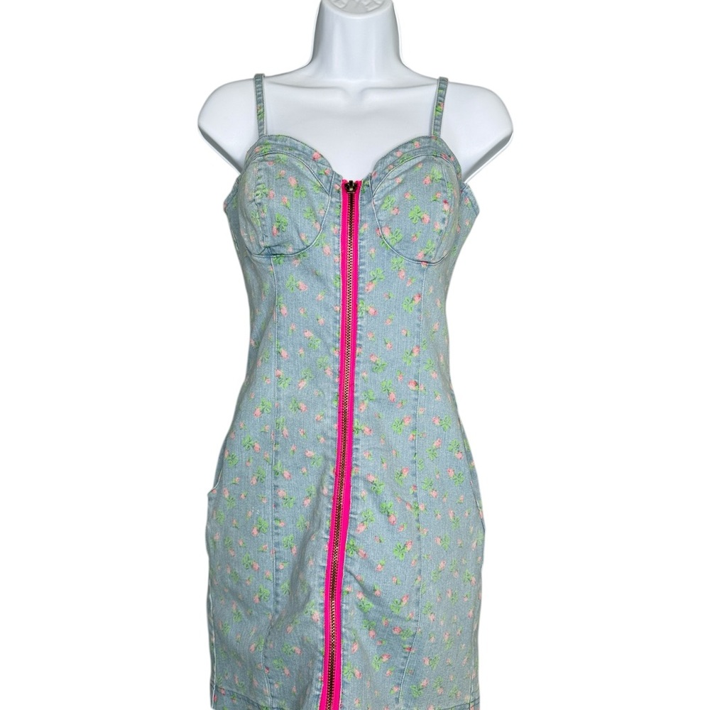 NWT Betsey Johnson  Bustier Mini Dress – Floral Denim & Pink Zipper